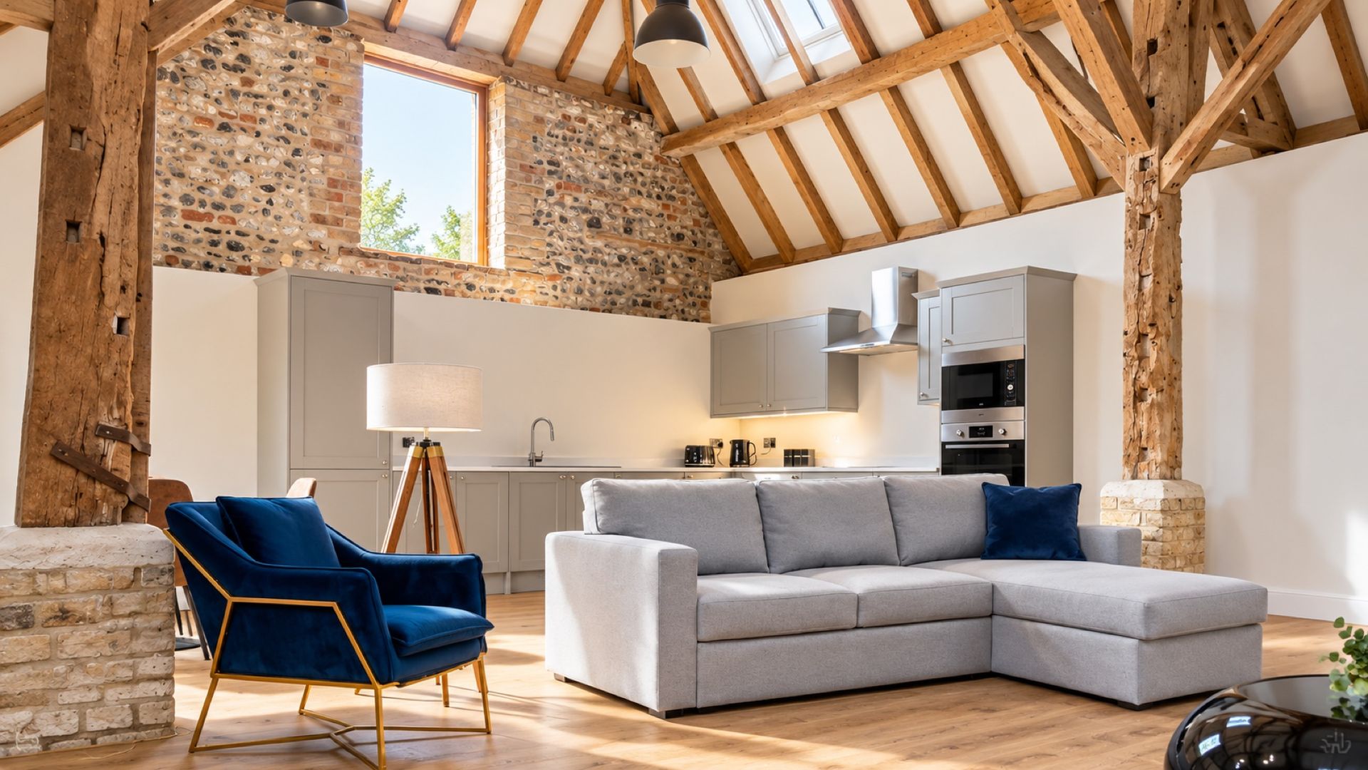 Barn conversion with exposed oak trusses and a fitted kitchen