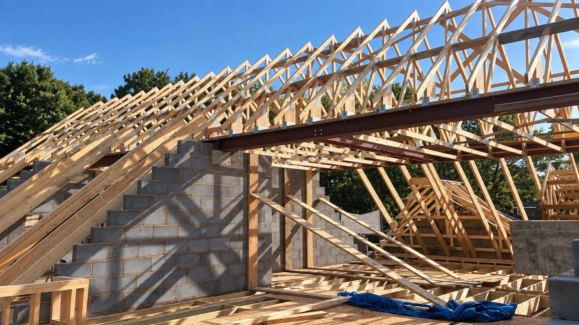 Two-storey extension under construction, roof trusses set and scaffold up