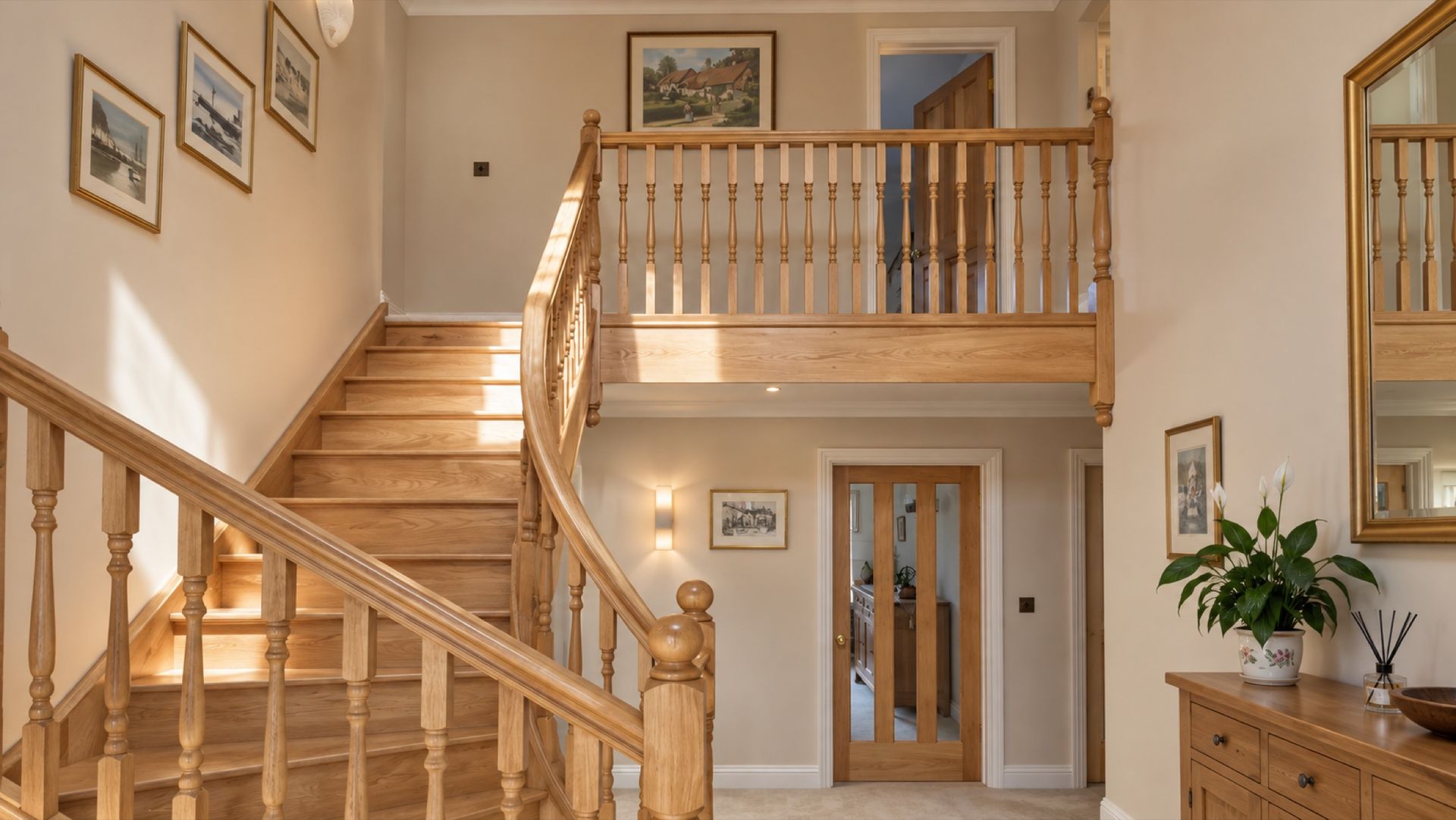 Finished oak staircase and galleried landing