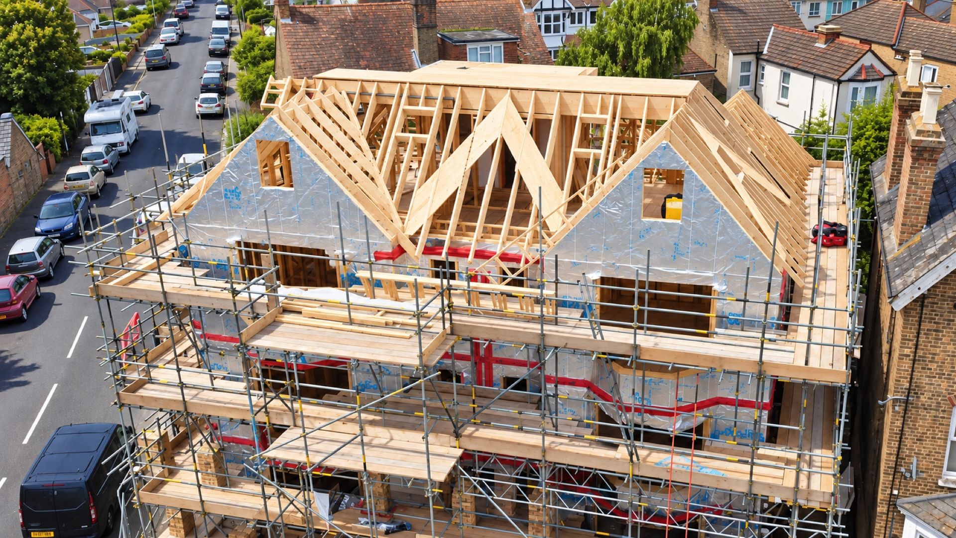 Two-storey extension under construction with the roof structure set and scaffolding up