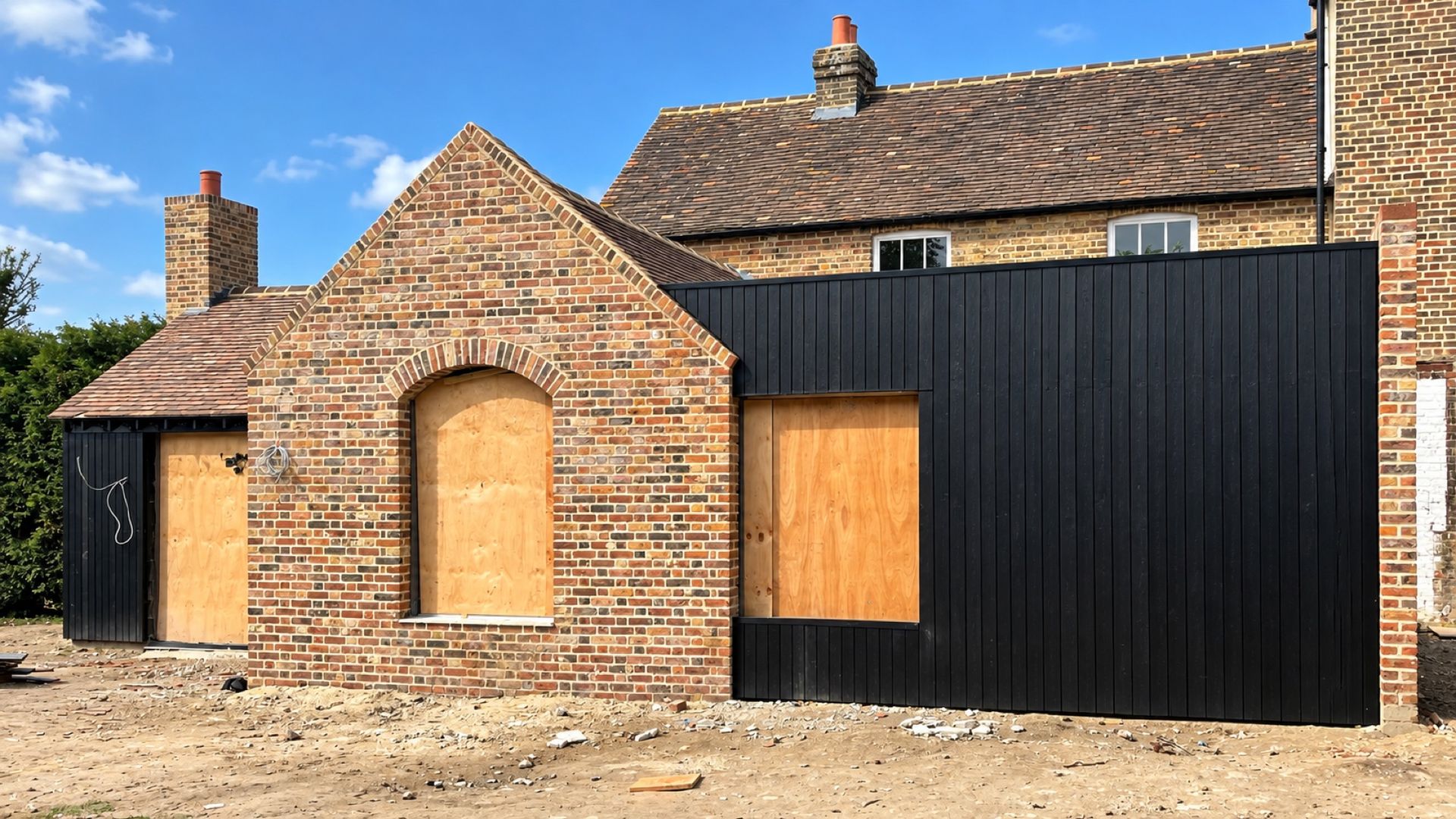 Black timber cladding on a new extension meeting the original brick gable
